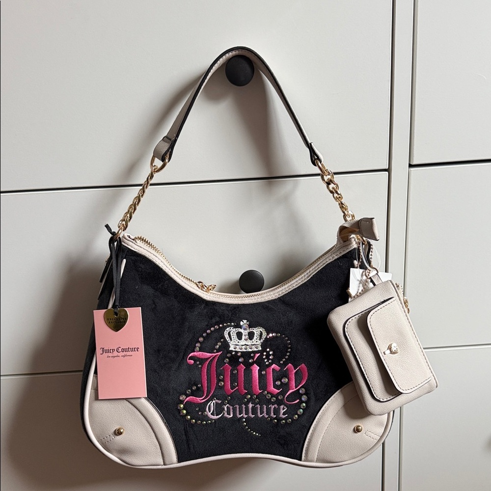 Juicy Couture Black and Cream Shoulder Bag with Pink Accents